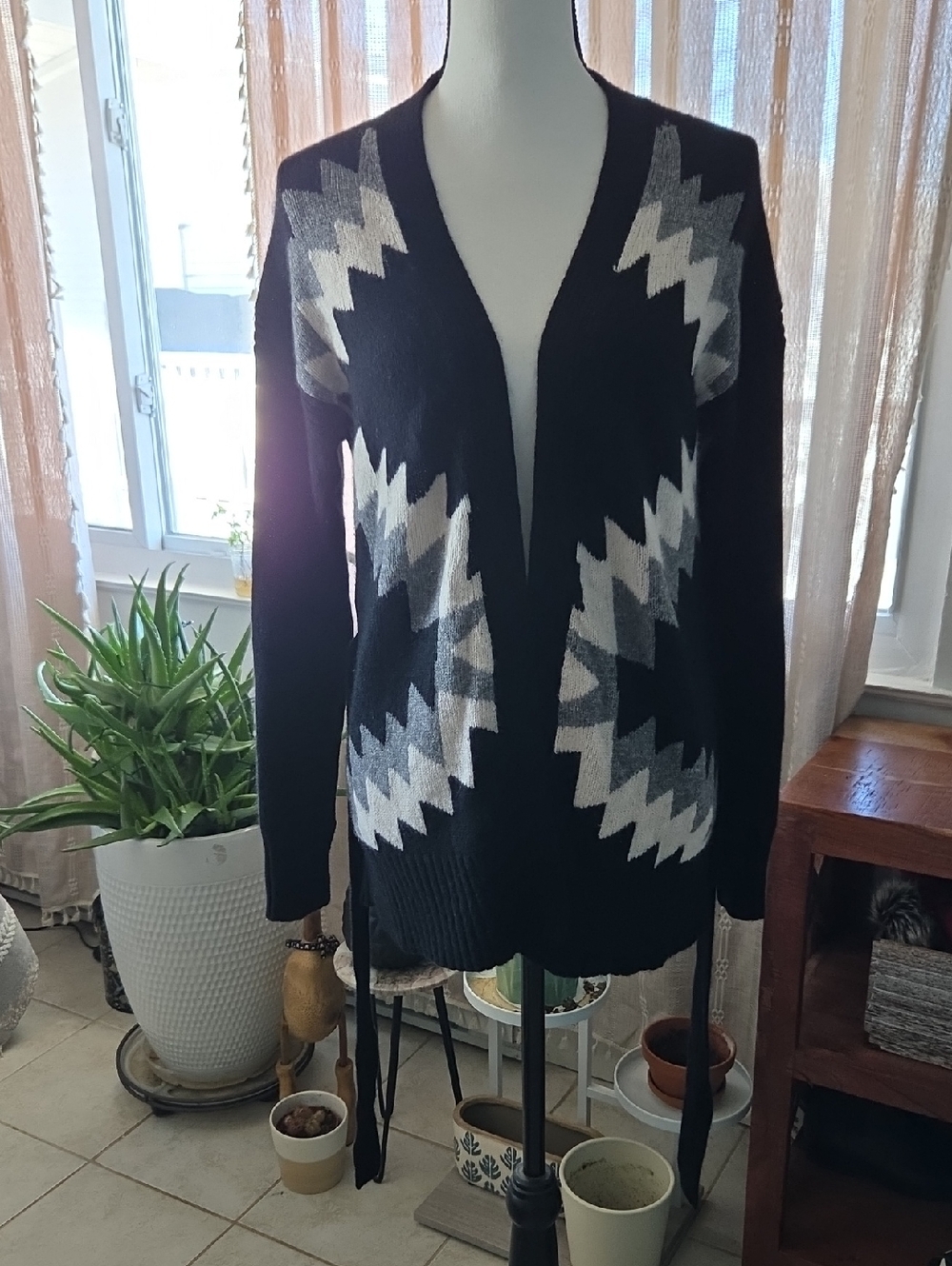 Skull Cashmere Black Cardigan with Gray and White Geometric Chevron
